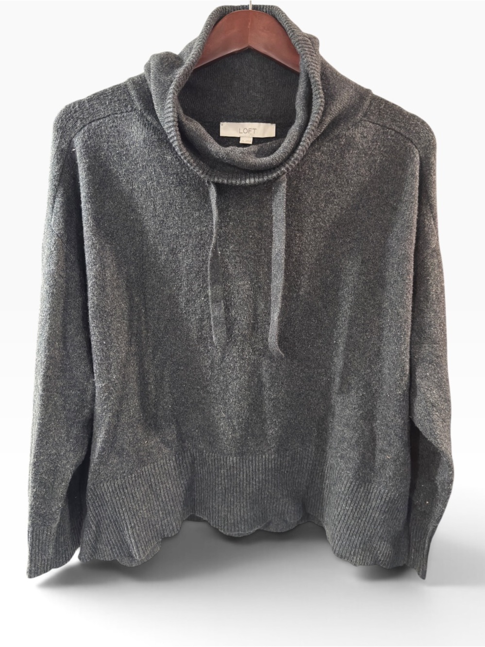 LOFT Charcoal Drawstring Cowl Neck Sweater